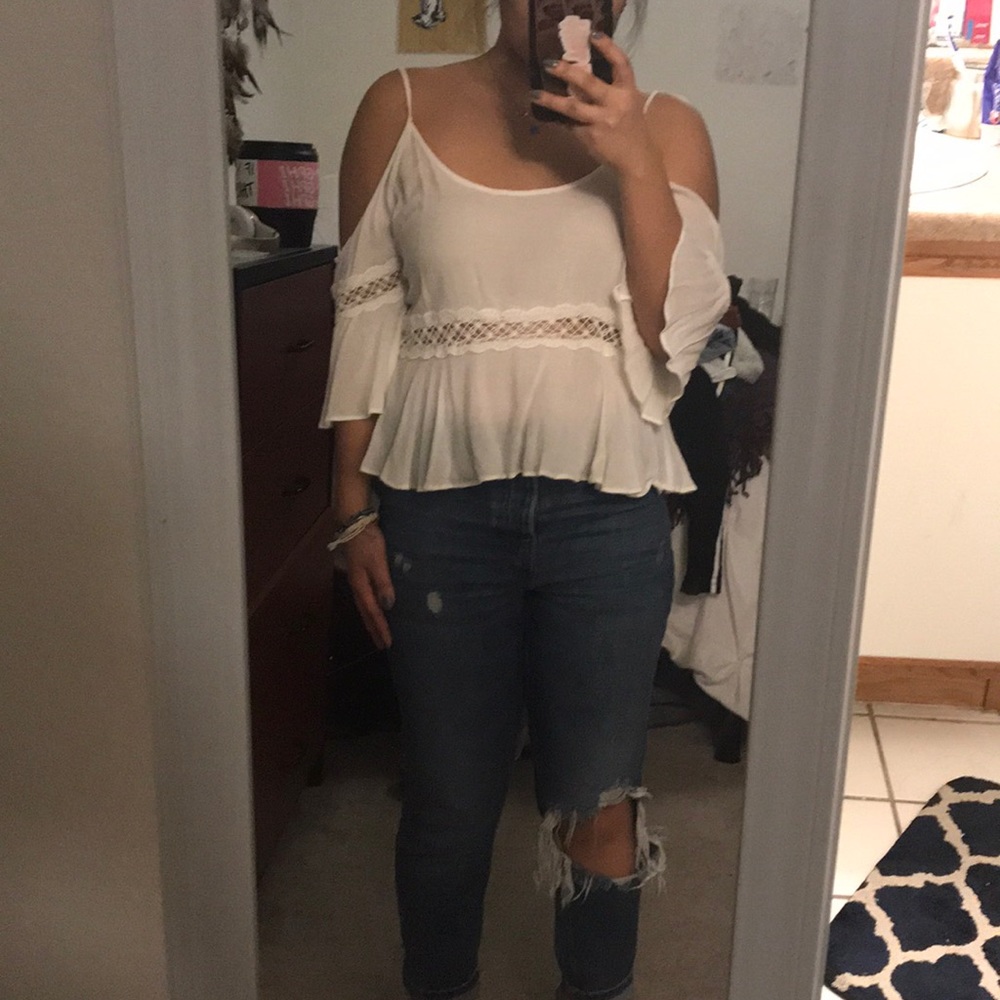 Flowy cream open shoulder top
